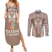 Personalised Kia Kaha Te Reo Maori Couples Matching Summer Maxi Dress and Long Sleeve Button Shirts Hei Tiki Mix Koru - Brown LT7 Brown - Polynesian Pride