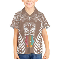 personalised-kia-kaha-te-reo-maori-kid-hawaiian-shirt-hei-tiki-mix-koru-brown