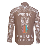 Personalised Kia Kaha Te Reo Maori Long Sleeve Button Shirt Hei Tiki Mix Koru - Brown LT7 - Polynesian Pride