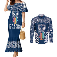 Personalised Kia Kaha Te Reo Maori Couples Matching Mermaid Dress and Long Sleeve Button Shirts Hei Tiki Mix Koru - Navy Blue LT7 Navy - Polynesian Pride