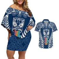 Personalised Kia Kaha Te Reo Maori Couples Matching Off Shoulder Short Dress and Hawaiian Shirt Hei Tiki Mix Koru - Navy Blue LT7 Navy - Polynesian Pride
