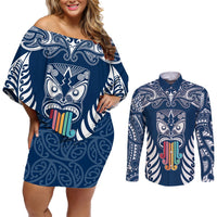 Personalised Kia Kaha Te Reo Maori Couples Matching Off Shoulder Short Dress and Long Sleeve Button Shirts Hei Tiki Mix Koru - Navy Blue LT7 Navy - Polynesian Pride