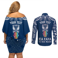 Personalised Kia Kaha Te Reo Maori Couples Matching Off Shoulder Short Dress and Long Sleeve Button Shirts Hei Tiki Mix Koru - Navy Blue LT7 - Polynesian Pride