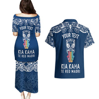 Personalised Kia Kaha Te Reo Maori Couples Matching Puletasi Dress and Hawaiian Shirt Hei Tiki Mix Koru - Navy Blue LT7 - Polynesian Pride