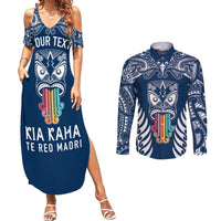 Personalised Kia Kaha Te Reo Maori Couples Matching Summer Maxi Dress and Long Sleeve Button Shirts Hei Tiki Mix Koru - Navy Blue LT7 Navy - Polynesian Pride