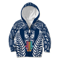 Personalised Kia Kaha Te Reo Maori Kid Hoodie Hei Tiki Mix Koru - Navy Blue LT7 Zip Hoodie Navy - Polynesian Pride