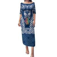 Personalised Kia Kaha Te Reo Maori Puletasi Hei Tiki Mix Koru - Navy Blue LT7 Long Dress Navy - Polynesian Pride