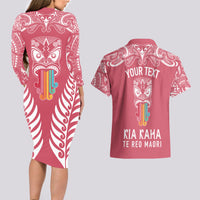 personalised-kia-kaha-te-reo-maori-couples-matching-long-sleeve-bodycon-dress-and-hawaiian-shirt-hei-tiki-mix-koru-pink