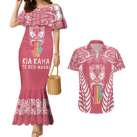 Personalised Kia Kaha Te Reo Maori Couples Matching Mermaid Dress and Hawaiian Shirt Hei Tiki Mix Koru - Pink LT7 Pink - Polynesian Pride