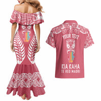 Personalised Kia Kaha Te Reo Maori Couples Matching Mermaid Dress and Hawaiian Shirt Hei Tiki Mix Koru - Pink LT7 - Polynesian Pride