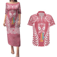 Personalised Kia Kaha Te Reo Maori Couples Matching Puletasi Dress and Hawaiian Shirt Hei Tiki Mix Koru - Pink LT7 Pink - Polynesian Pride