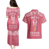 Personalised Kia Kaha Te Reo Maori Couples Matching Puletasi Dress and Hawaiian Shirt Hei Tiki Mix Koru - Pink LT7 - Polynesian Pride