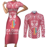 Personalised Kia Kaha Te Reo Maori Couples Matching Short Sleeve Bodycon Dress and Long Sleeve Button Shirts Hei Tiki Mix Koru - Pink LT7 Pink - Polynesian Pride