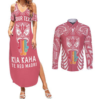 Personalised Kia Kaha Te Reo Maori Couples Matching Summer Maxi Dress and Long Sleeve Button Shirts Hei Tiki Mix Koru - Pink LT7 Pink - Polynesian Pride