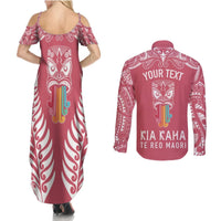 Personalised Kia Kaha Te Reo Maori Couples Matching Summer Maxi Dress and Long Sleeve Button Shirts Hei Tiki Mix Koru - Pink LT7 - Polynesian Pride