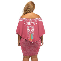 Personalised Kia Kaha Te Reo Maori Off Shoulder Short Dress Hei Tiki Mix Koru - Pink LT7 - Polynesian Pride