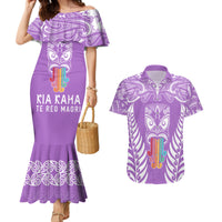 Personalised Kia Kaha Te Reo Maori Couples Matching Mermaid Dress and Hawaiian Shirt Hei Tiki Mix Koru - Purple LT7 Purple - Polynesian Pride