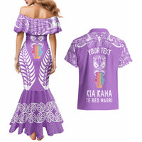 Personalised Kia Kaha Te Reo Maori Couples Matching Mermaid Dress and Hawaiian Shirt Hei Tiki Mix Koru - Purple LT7 - Polynesian Pride