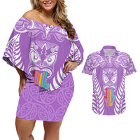 Personalised Kia Kaha Te Reo Maori Couples Matching Off Shoulder Short Dress and Hawaiian Shirt Hei Tiki Mix Koru - Purple LT7 Purple - Polynesian Pride