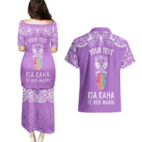 Personalised Kia Kaha Te Reo Maori Couples Matching Puletasi Dress and Hawaiian Shirt Hei Tiki Mix Koru - Purple LT7 - Polynesian Pride