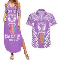 Personalised Kia Kaha Te Reo Maori Couples Matching Summer Maxi Dress and Hawaiian Shirt Hei Tiki Mix Koru - Purple LT7 Purple - Polynesian Pride
