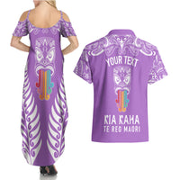 Personalised Kia Kaha Te Reo Maori Couples Matching Summer Maxi Dress and Hawaiian Shirt Hei Tiki Mix Koru - Purple LT7 - Polynesian Pride