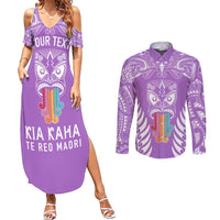 Personalised Kia Kaha Te Reo Maori Couples Matching Summer Maxi Dress and Long Sleeve Button Shirts Hei Tiki Mix Koru - Purple LT7 Purple - Polynesian Pride
