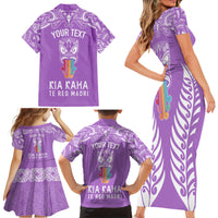 personalised-kia-kaha-te-reo-maori-family-matching-short-sleeve-bodycon-dress-and-hawaiian-shirt-hei-tiki-mix-koru-purple