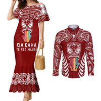 Personalised Kia Kaha Te Reo Maori Couples Matching Mermaid Dress and Long Sleeve Button Shirts Hei Tiki Mix Koru - Red LT7 Red - Polynesian Pride