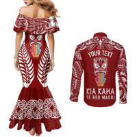 Personalised Kia Kaha Te Reo Maori Couples Matching Mermaid Dress and Long Sleeve Button Shirts Hei Tiki Mix Koru - Red LT7 - Polynesian Pride