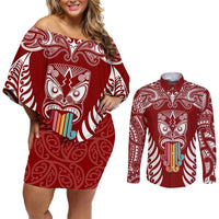 Personalised Kia Kaha Te Reo Maori Couples Matching Off Shoulder Short Dress and Long Sleeve Button Shirts Hei Tiki Mix Koru - Red LT7 Red - Polynesian Pride