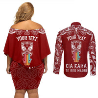 Personalised Kia Kaha Te Reo Maori Couples Matching Off Shoulder Short Dress and Long Sleeve Button Shirts Hei Tiki Mix Koru - Red LT7 - Polynesian Pride