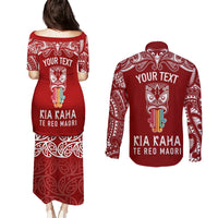 Personalised Kia Kaha Te Reo Maori Couples Matching Puletasi Dress and Long Sleeve Button Shirts Hei Tiki Mix Koru - Red LT7 - Polynesian Pride