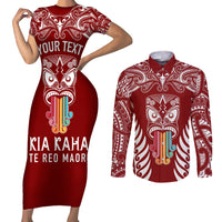 Personalised Kia Kaha Te Reo Maori Couples Matching Short Sleeve Bodycon Dress and Long Sleeve Button Shirts Hei Tiki Mix Koru - Red LT7 Red - Polynesian Pride