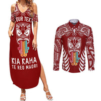 Personalised Kia Kaha Te Reo Maori Couples Matching Summer Maxi Dress and Long Sleeve Button Shirts Hei Tiki Mix Koru - Red LT7 Red - Polynesian Pride