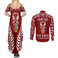 Personalised Kia Kaha Te Reo Maori Couples Matching Summer Maxi Dress and Long Sleeve Button Shirts Hei Tiki Mix Koru - Red LT7 - Polynesian Pride
