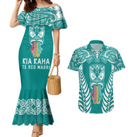Personalised Kia Kaha Te Reo Maori Couples Matching Mermaid Dress and Hawaiian Shirt Hei Tiki Mix Koru - Teal LT7 Teal - Polynesian Pride