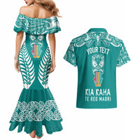 Personalised Kia Kaha Te Reo Maori Couples Matching Mermaid Dress and Hawaiian Shirt Hei Tiki Mix Koru - Teal LT7 - Polynesian Pride