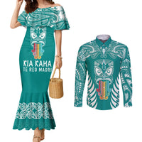 Personalised Kia Kaha Te Reo Maori Couples Matching Mermaid Dress and Long Sleeve Button Shirts Hei Tiki Mix Koru - Teal LT7 Teal - Polynesian Pride