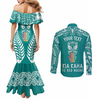 Personalised Kia Kaha Te Reo Maori Couples Matching Mermaid Dress and Long Sleeve Button Shirts Hei Tiki Mix Koru - Teal LT7 - Polynesian Pride