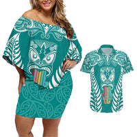 personalised-kia-kaha-te-reo-maori-couples-matching-off-shoulder-short-dress-and-hawaiian-shirt-hei-tiki-mix-koru-teal
