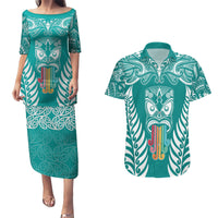 Personalised Kia Kaha Te Reo Maori Couples Matching Puletasi Dress and Hawaiian Shirt Hei Tiki Mix Koru - Teal LT7 Teal - Polynesian Pride