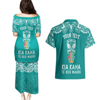Personalised Kia Kaha Te Reo Maori Couples Matching Puletasi Dress and Hawaiian Shirt Hei Tiki Mix Koru - Teal LT7 - Polynesian Pride
