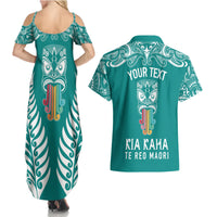 Personalised Kia Kaha Te Reo Maori Couples Matching Summer Maxi Dress and Hawaiian Shirt Hei Tiki Mix Koru - Teal LT7 - Polynesian Pride