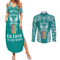 Personalised Kia Kaha Te Reo Maori Couples Matching Summer Maxi Dress and Long Sleeve Button Shirts Hei Tiki Mix Koru - Teal LT7 Teal - Polynesian Pride