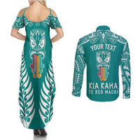 Personalised Kia Kaha Te Reo Maori Couples Matching Summer Maxi Dress and Long Sleeve Button Shirts Hei Tiki Mix Koru - Teal LT7 - Polynesian Pride