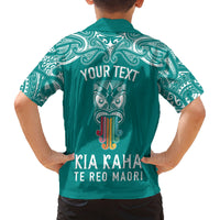 personalised-kia-kaha-te-reo-maori-kid-hawaiian-shirt-hei-tiki-mix-koru-teal