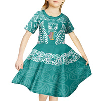 personalised-kia-kaha-te-reo-maori-kid-short-sleeve-dress-hei-tiki-mix-koru-teal