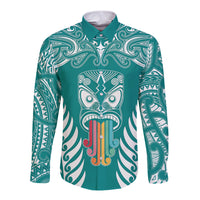 Personalised Kia Kaha Te Reo Maori Long Sleeve Button Shirt Hei Tiki Mix Koru - Teal LT7 Unisex Teal - Polynesian Pride