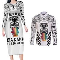 Personalised Kia Kaha Te Reo Maori Couples Matching Long Sleeve Bodycon Dress and Long Sleeve Button Shirts Hei Tiki Mix Koru - White LT7 White - Polynesian Pride